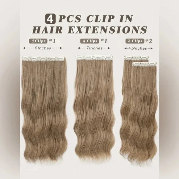20 Inch Clip in Medium Dark Blonde Hair extensions wavy 4 thick pieces - Picture 2 of 10